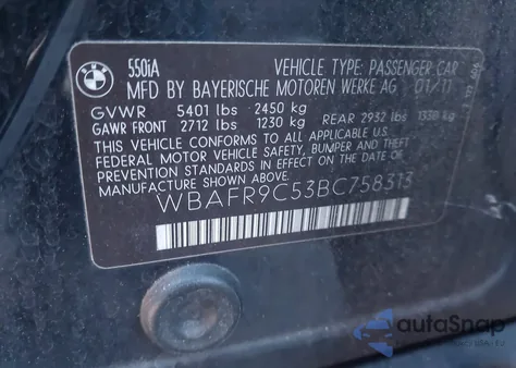 2011 BMW 550I z USA, uszkodzony, nr VIN WBAFR9C53BC758313